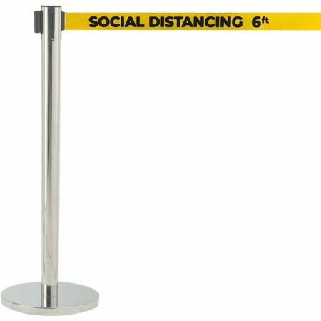 AARCO Form-A-Line System w/ 7' Belt, Satin Finish w/ Yellow Belt, "SOCIAL DISTANCING 6FT". HS-7PYE